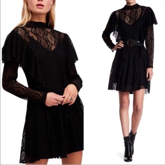Free People‎ Rock Candy Long Sleeve Lace Dress in Black Size Small - Picture 1 of 8